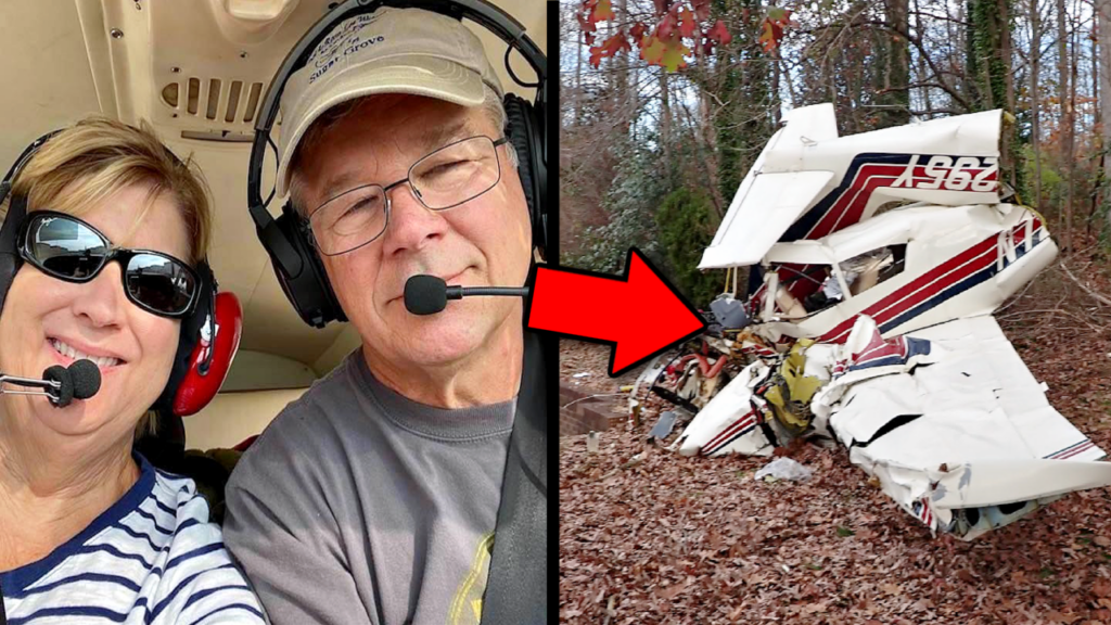 A pilot and his wife are seen on the left side of the image and on the right side is the wreckage of the airplane they were flying.