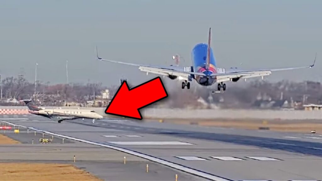 A Southwest Airlines Boeing 737 performs a go-around at Chicago Midway Airport as a private Flexjet aircraft crosses the active runway below, highlighting a near-miss runway incursion.