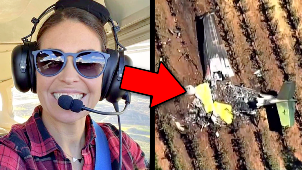 Shauna Waite is pictured next to an image of the wreckage of the plane she crashed