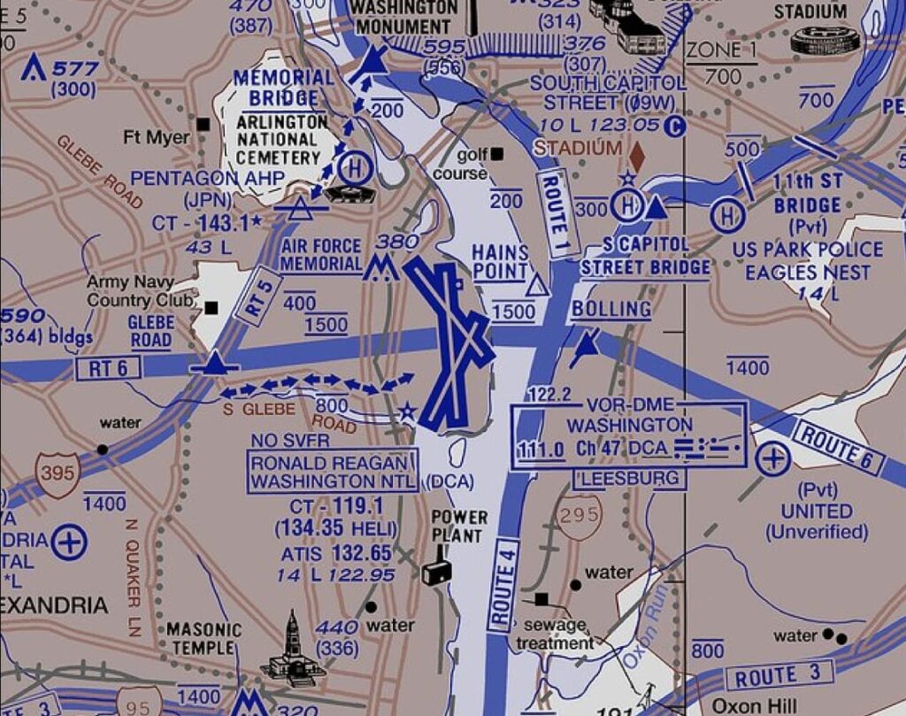 Aeronautical chart of the Washington, D.C. area, highlighting Ronald Reagan Washington National Airport (DCA), nearby landmarks, restricted airspace, and navigational aids.