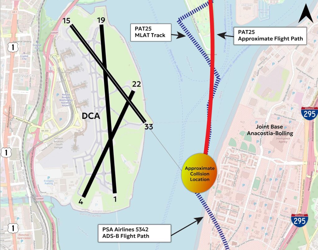 A map showing the approximate flight paths of PAT 25, a Blackhawk helicopter, and American Airlines Flight 5342, a CRJ-700, near Ronald Reagan Washington National Airport (DCA) and the location of a mid-air collision over the Potomac River.