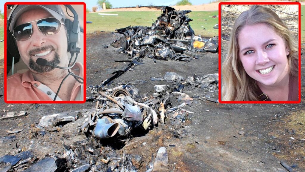 A photograph of a burnt aircraft crash site with charred wreckage scattered across the ground. Two inset images with red borders are placed over the wreckage: one of a man wearing a headset and sunglasses, smiling inside an aircraft, and another of a young woman smiling outdoors. The image visually connects the individuals to the crash scene.