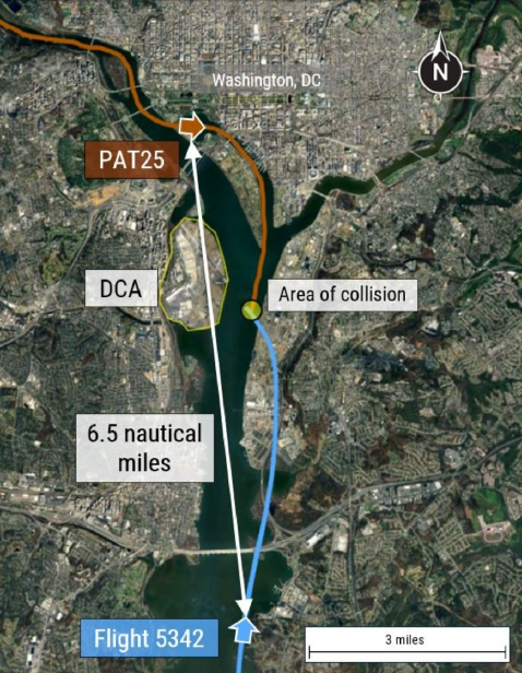 A broader aerial map displaying the same flight paths, showing a distance of 6.5 nautical miles between the aircraft further from the collision site. The image includes a labeled DCA airport (Washington National Airport) and the surrounding urban area