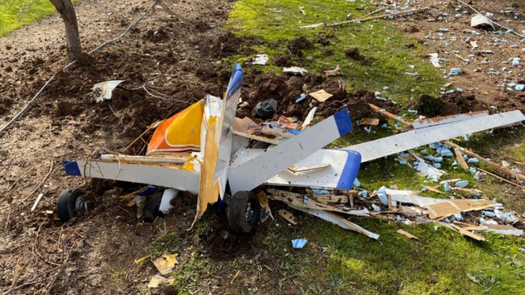 Wreckage of a Star Lite SL1 aircraft scattered in an orchard following a fatal crash near Corning, California. The debris is severely fragmented, with pieces of the fuselage, wings, and landing gear visible among broken wood and foam. The impact site shows disturbed soil and scattered wreckage, indicating a high-energy crash.