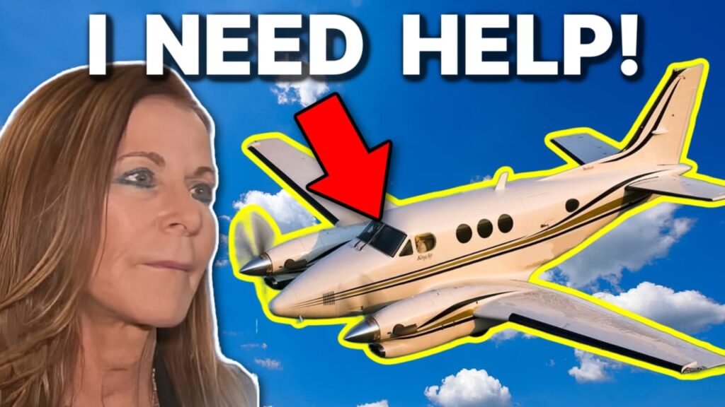 A woman with long brown hair and a serious expression is shown on the left side of the image, while a King Air twin-turboprop airplane is shown flying against a blue sky with clouds. A red arrow points to the cockpit, and bold white text at the top reads 'I NEED HELP!' with a yellow outline around the airplane.