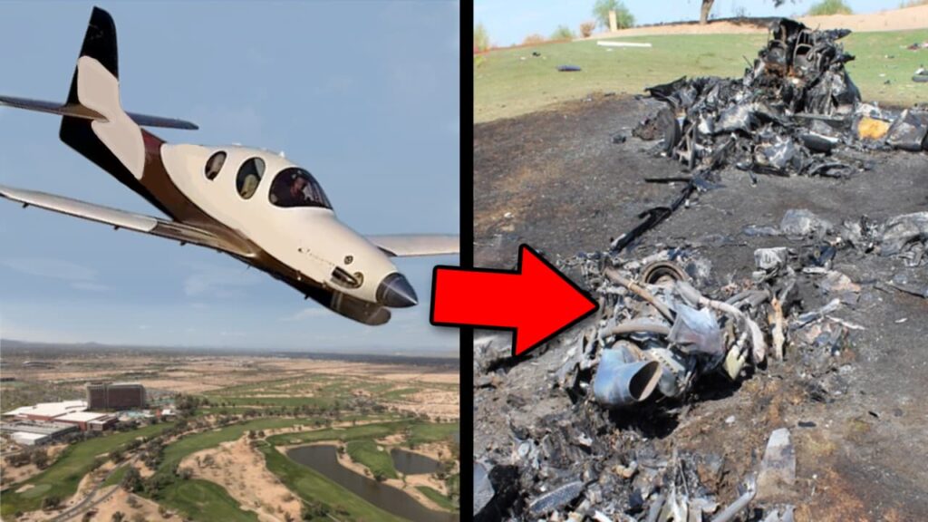 A split-image thumbnail showing a sleek, beige and black light jet flying over a desert landscape with a golf course on the left, and the aftermath of a fiery plane crash on the right. A large red arrow points from the jet to the wreckage, which consists of charred debris scattered on the ground. The image suggests a connection between the aircraft and the crash.