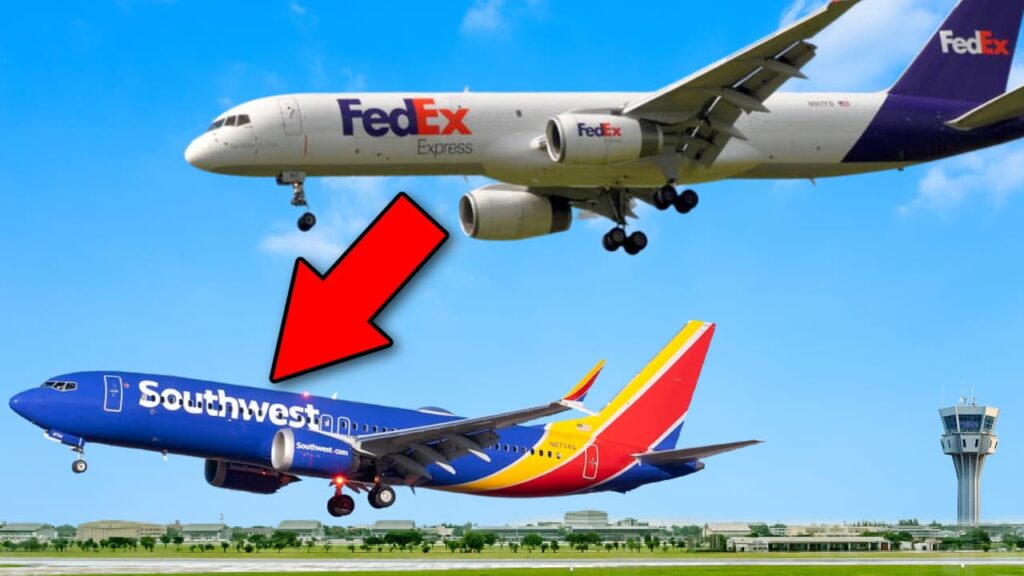 A digitally edited image depicting a FedEx cargo plane flying low over a Southwest Airlines passenger jet during takeoff, with a red arrow pointing to the Southwest aircraft. The background features a clear blue sky, an airport control tower, and a runway. The image illustrates a near-miss aviation incident.