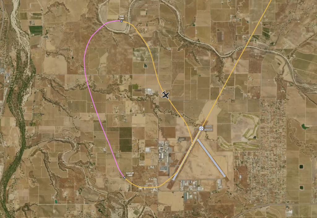 Aerial map showing the flight path of a Cirrus SR22T approaching Runway 19 at Paso Robles Municipal Airport (KPRB). The aircraft's path is marked in yellow and pink, indicating a missed approach and subsequent circling maneuver. The map highlights terrain, airport layout, and the pilot’s attempted realignment with Runway 19.