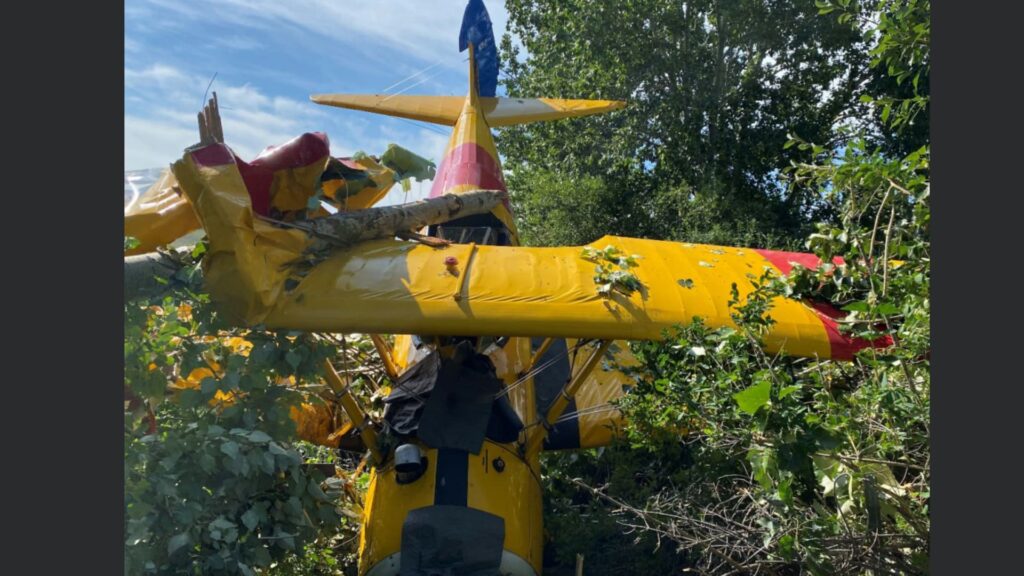 The Stearman biplane at the crash site, entangled in trees and vegetation. The wings are bent and punctured by branches, with a large tree limb resting on top of the aircraft. The fuselage remains mostly intact but shows visible impact damage.