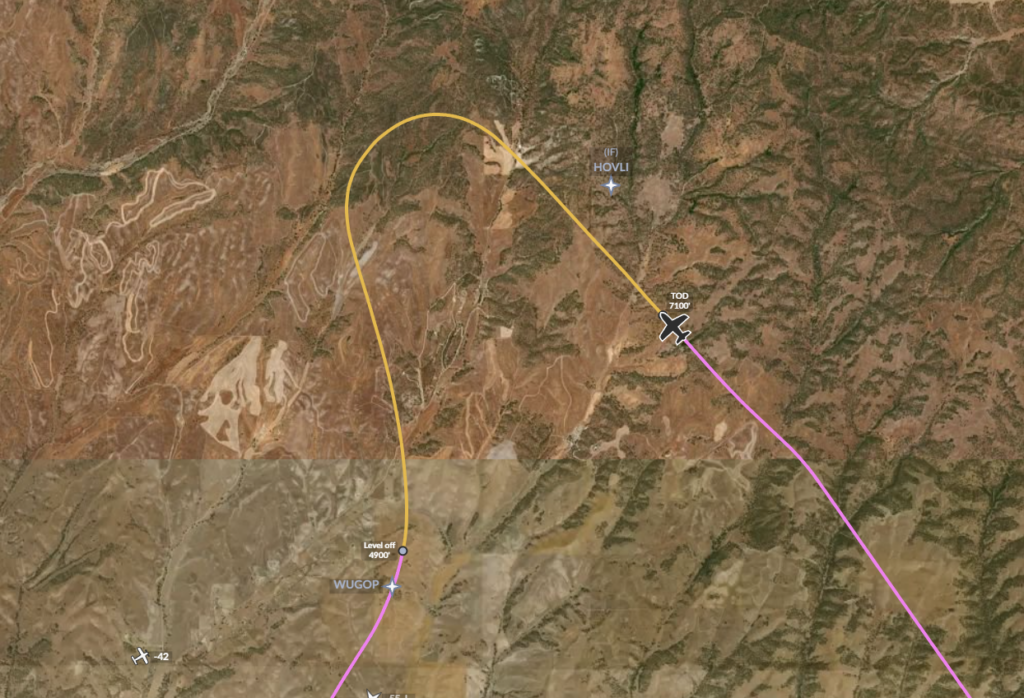 Aerial map displaying the flight path of a Cirrus SR22T on an RNAV approach to Paso Robles, starting from the HOVLI initial fix (IF). The aircraft's altitude transitions are labeled, showing descent points and leveling altitudes. The map depicts the required approach segment and the deviation from standard procedures.