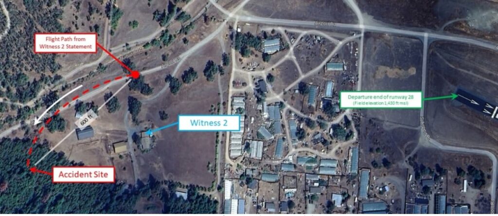 Zoomed-in satellite view highlighting the area between the departure end of Runway 28 and the accident site. The red dashed line labeled "Flight Path from Witness 2 Statement" curves toward the "Accident Site." Witness 2’s location is marked near a residential structure, approximately 600 feet from a key point on the path. Nearby structures, roads, and terrain features are visible for context.