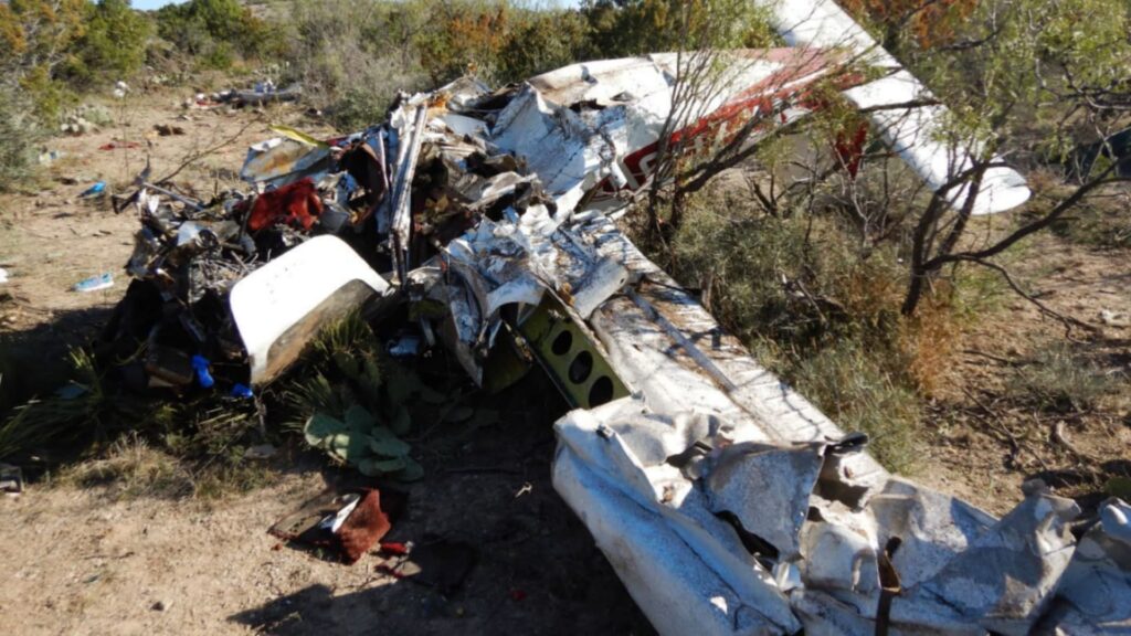 Wreckage of a small aircraft in a remote, brush-covered area, showing severe structural damage to the fuselage and wings, with debris scattered across the ground.