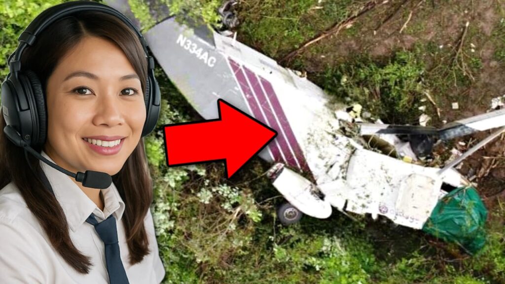 Composite image showing a smiling woman in a pilot headset on the left, and a red arrow pointing to an aerial photo of the crashed Shorts SD3-30 aircraft (N334AC) in a wooded area on the right.