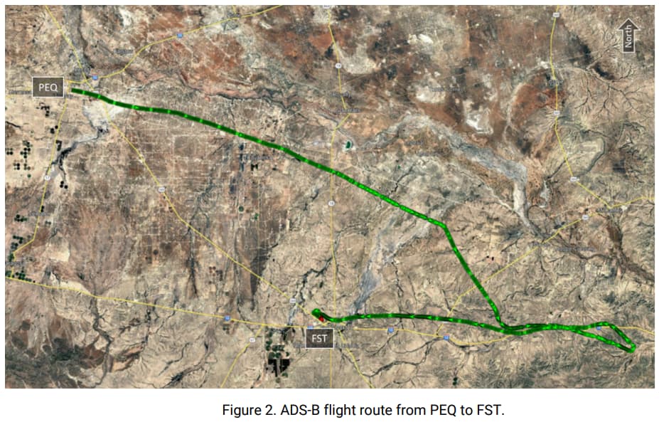 Satellite map showing the ADS-B flight route of an aircraft from Pecos City Airport (PEQ) to Fort Stockton-Pecos County Airport (FST) in Texas. The green line indicates the aircraft's flight path, which begins at PEQ, travels southeast, and includes several loops and course changes near FST. A north arrow is present in the upper-right corner of the map.