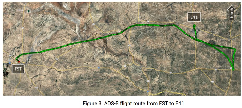 Satellite map depicting the ADS-B flight route of an aircraft traveling from Fort Stockton-Pecos County Airport (FST) to Winkler County Airport (E41) in Texas. The green line traces the aircraft’s path eastward, with some looping and holding patterns near E41. The airports FST and E41 are marked, and a north arrow is visible in the upper-right corner.