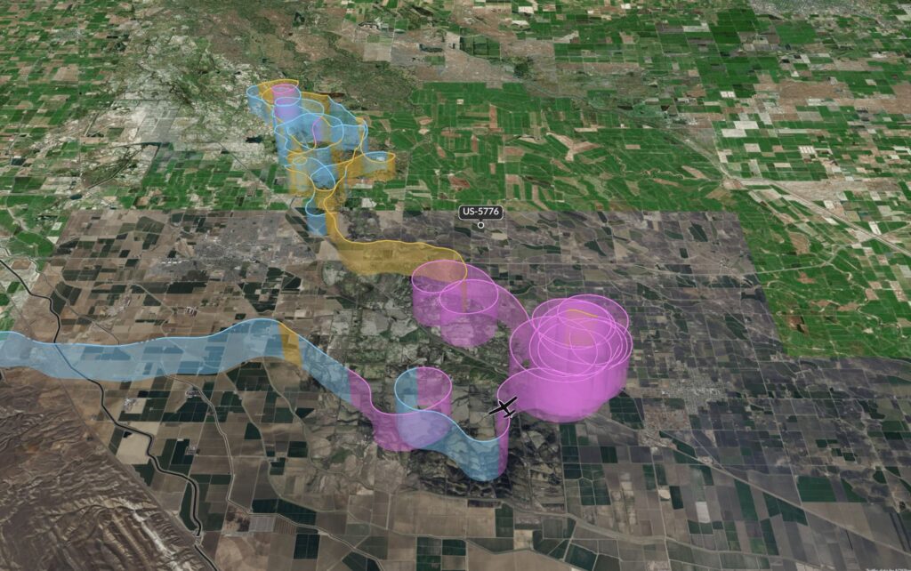 3D flight path visualization showing the erratic circling patterns of Cessna 172S N5203H near Los Banos, California, with colored altitude tracks and loops leading to the final crash site