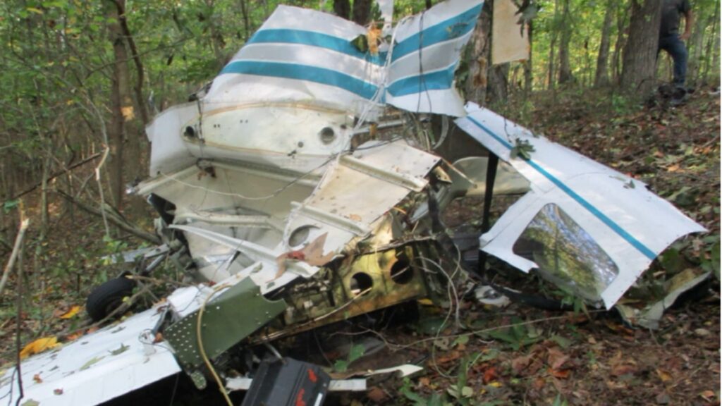 Wreckage of a Piper PA-28 in a wooded area, showing the crushed fuselage and torn sections of the tail with blue stripes among broken branches.