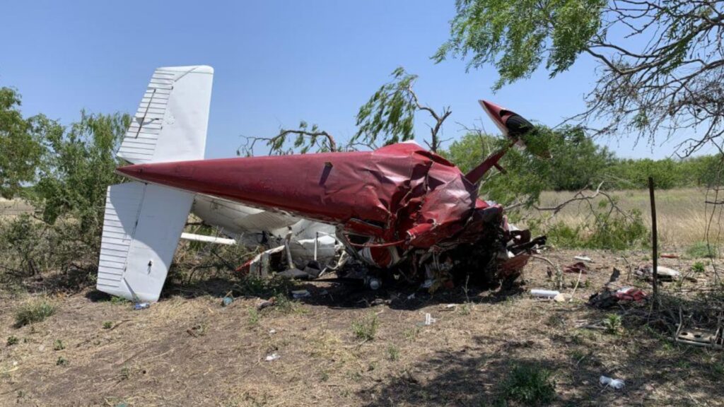 Rear view of the crashed Cessna showing the red tail and white vertical stabilizer. The fuselage is severely crumpled near the nose, and the wreckage rests against brush and a tree in a grassy field.