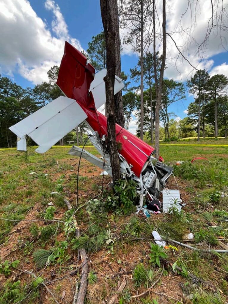 A red and white small airplane rests vertically against a tree trunk in a grassy, wooded area. The nose and cockpit are crushed, with debris scattered on the ground. The tail points upward toward the sky.