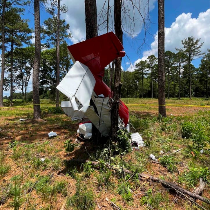 A red and white aircraft wreck sits upright against a tree in a wooded clearing. The tail section remains mostly intact while the front of the fuselage is destroyed, surrounded by scattered debris and fallen branches.