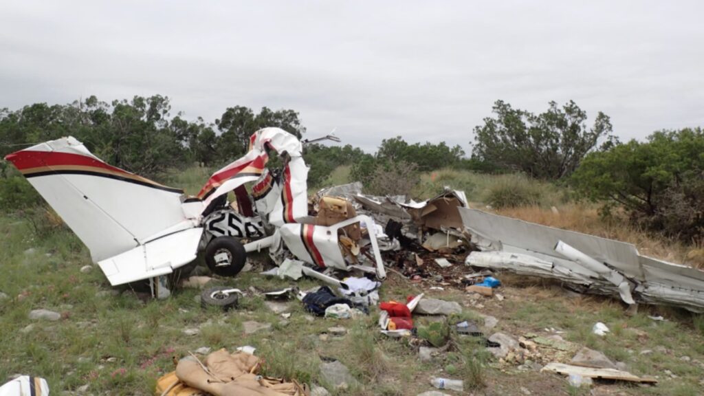 Wreckage of a small Cessna aircraft lying in grassy, rocky terrain. The fuselage is torn apart, with the tail section upright and the wings and cabin area crumpled and scattered. Debris, including seats and personal items, is strewn around the crash site. Trees and brush are visible in the background under an overcast sky.