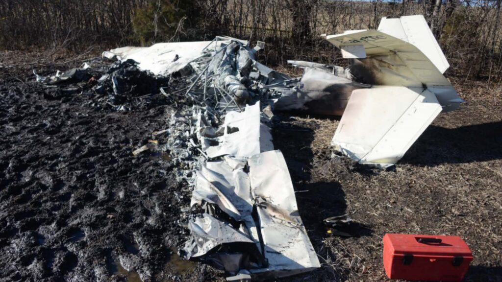 Burned and fragmented wreckage of a Mooney M20S lying in soft, scorched ground near a tree line. The fuselage is nearly consumed, with the tail section partially intact and heavily fire-damaged. Metal framing and engine components are exposed, and a red toolbox sits nearby.
