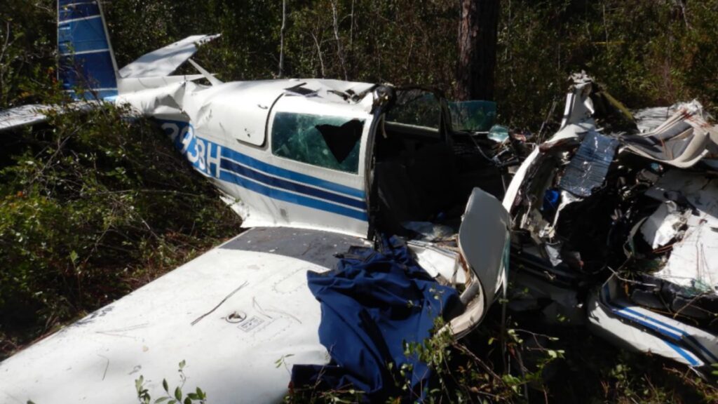 Wreckage of a white-and-blue Mooney M20J aircraft, registration N3933H, resting in a wooded area after a crash. The fuselage is torn open, the right wing and engine area are heavily damaged, and debris is scattered among trees and brush.