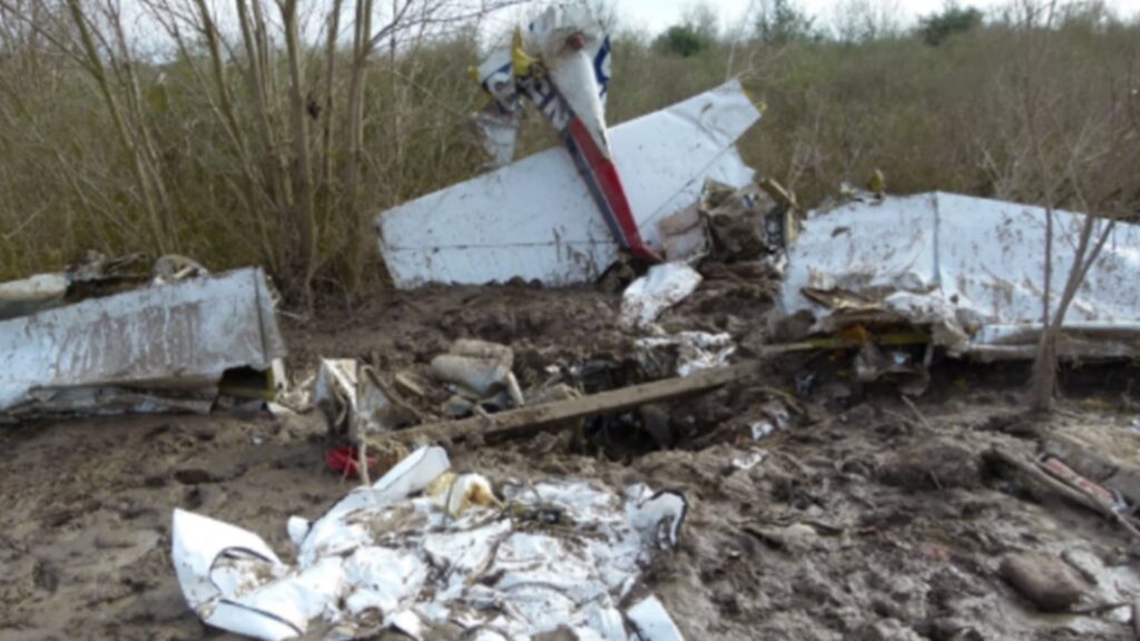 Wreckage of a small aircraft scattered in a muddy field near trees, showing the damaged tail section, broken wings, and debris partially embedded in the mud.