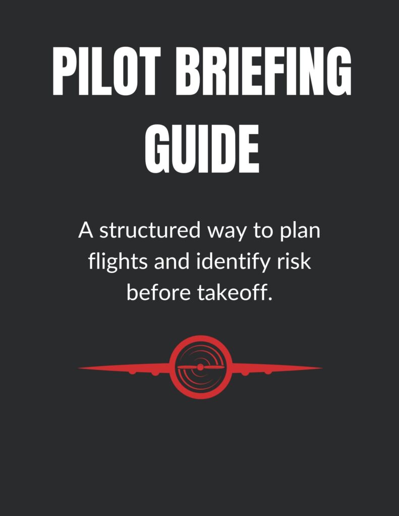 Dark gray cover image with bold white text reading ‘PILOT BRIEFING GUIDE.’ Below, smaller white text reads, ‘A structured way to plan flights and identify risk before takeoff.’ At the bottom is a red stylized airplane graphic with a circular radar-like design at the center.