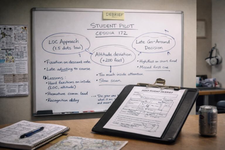 Flight school briefing room with a whiteboard showing a student pilot debrief for a Cessna 172, including notes on approach errors, altitude deviations, and decision timing, with post-flight debrief paperwork and charts on a table in the foreground.