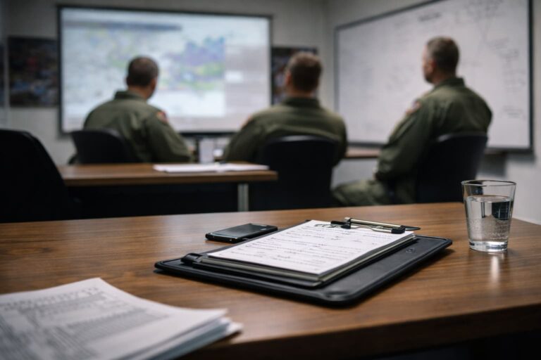 Aviation debrief room with a clipboard and notes on a table in the foreground, while three pilots in flight suits review a weather briefing and flight data on a screen and whiteboard in the background.