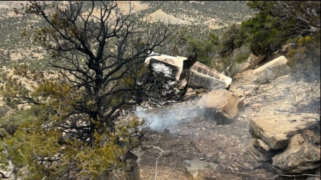 Burned aircraft wreckage resting on a rocky mountainside, with a charred fuselage section lodged among trees and boulders, light smoke rising from the impact area in rugged terrain.