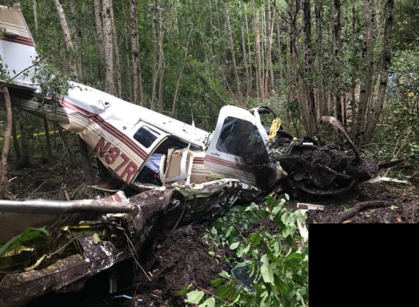 Side view of crashed Beechcraft Bonanza N87RY resting in dense forest, with fuselage intact but nose crushed and mud-covered wreckage.
