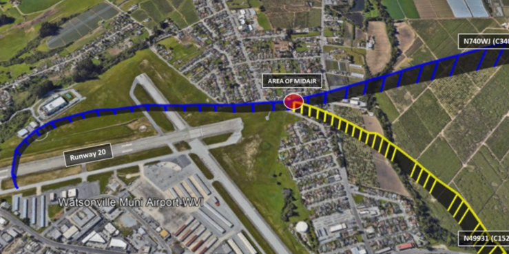 Aerial diagram of Watsonville Municipal Airport showing two aircraft flight paths, one blue and one yellow, converging near the marked “area of midair” close to Runway 20.