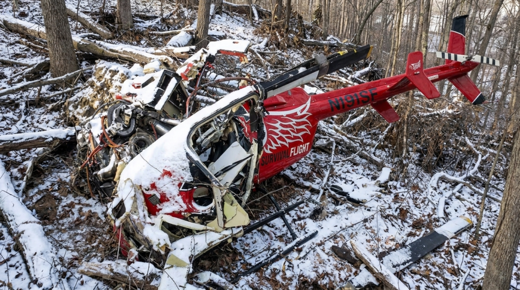 AI-generated image of the wreckage of N191SF in the woods covered with snow