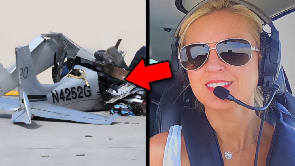 Split-image thumbnail showing a severely damaged small airplane wreck on the left and a blonde woman wearing sunglasses and an aviation headset in a cockpit on the right. A large red arrow points from the woman toward the wreckage.