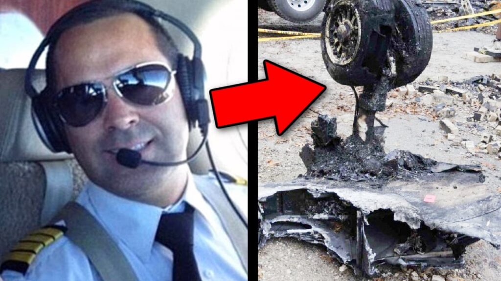 Split-image thumbnail showing a male airline pilot wearing sunglasses and a headset on the left, and heavily burned aircraft wreckage with an inverted landing gear wheel on the right. A large red arrow points toward the crash debris.
