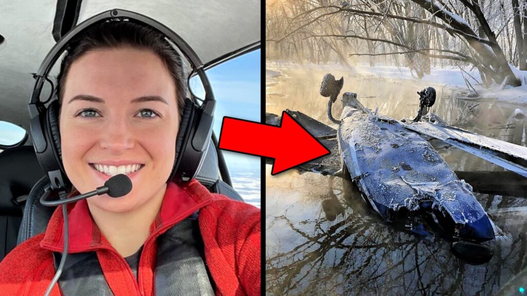 Split-image thumbnail showing a smiling woman wearing an aviation headset inside an airplane on the left, and an overturned aircraft partially submerged in an icy, snow-covered river on the right. A large red arrow points toward the wreckage.
