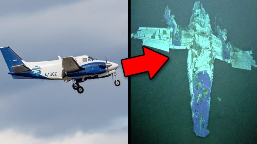 A twin-engine propeller airplane in flight on the left, with a red arrow pointing to underwater wreckage of the aircraft on the ocean floor on the right.