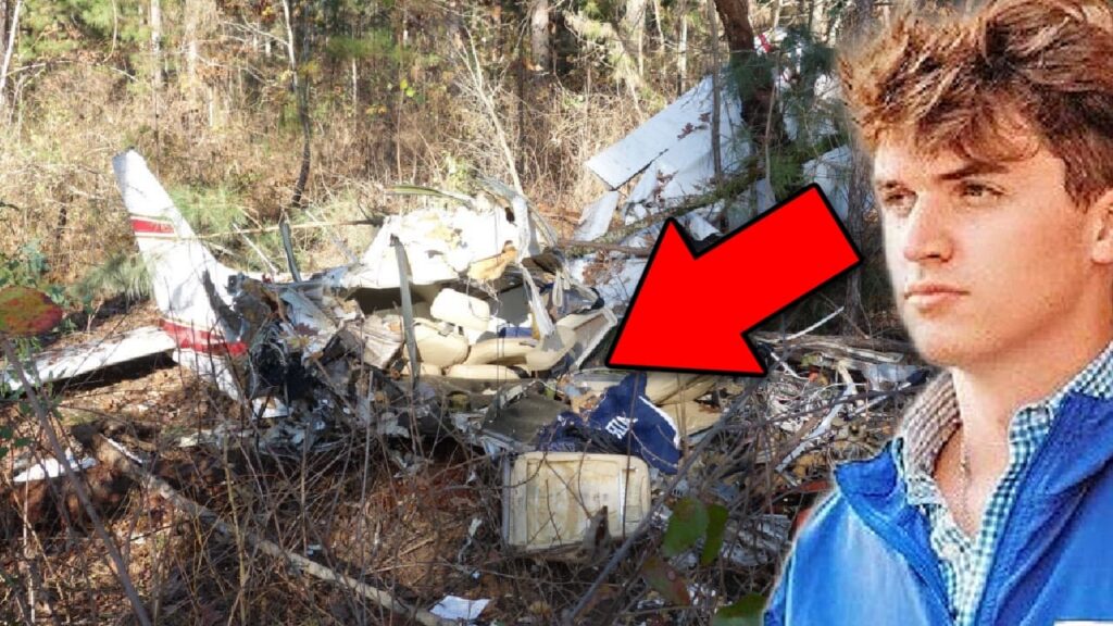 YouTube thumbnail showing the wreckage of a small airplane scattered in a wooded area, with a young man pictured on the right. A large red arrow points toward the crash debris.