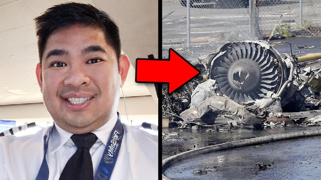 Split-image thumbnail showing a smiling male airline pilot in uniform on the left and heavily damaged, burned aircraft wreckage with an exposed jet engine on the right. A large red arrow points toward the wreckage.