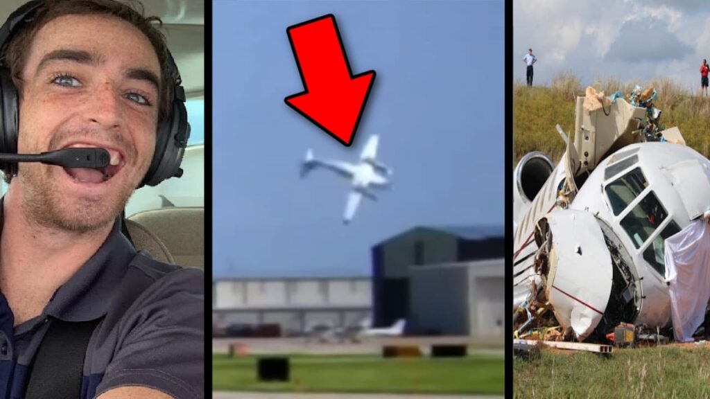 Three-panel aviation thumbnail showing a smiling male pilot wearing a headset on the left, a small airplane in a steep unusual attitude near the ground in the center with a large red arrow pointing at it, and the severely damaged wreckage of a business jet on the right.