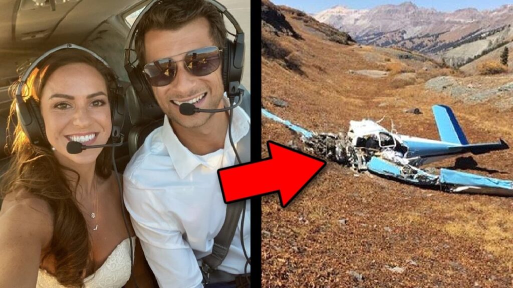 Split-image thumbnail showing a smiling man and woman wearing aviation headsets inside an airplane on the left, and the wreckage of a small blue-and-white aircraft in a mountainous field on the right. A large red arrow points toward the crash site.