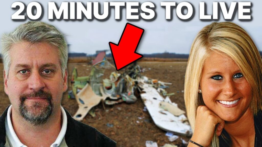 A YouTube thumbnail showing portraits of a middle-aged man and a smiling blonde woman on either side of airplane wreckage in a field, with a large red arrow pointing to the crash site and bold text reading “20 MINUTES TO LIVE.”