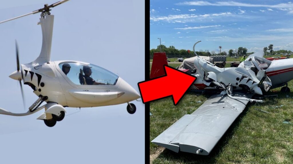 Split-image YouTube thumbnail showing a small white gyroplane flying on the left and the heavily damaged wreckage of an aircraft on a grassy field on the right. A large red arrow points from the gyroplane toward the crash wreckage.