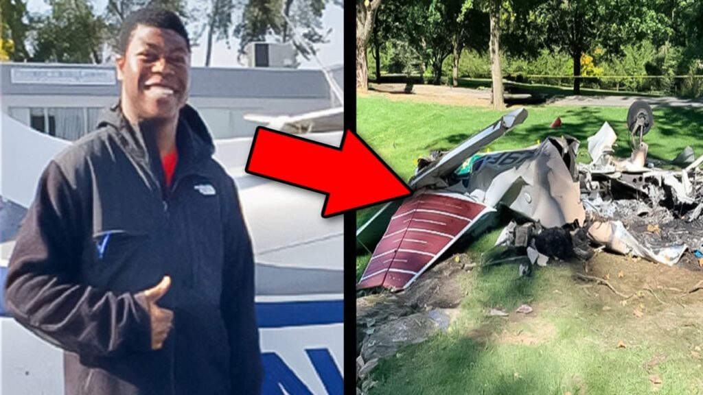 Split-image YouTube thumbnail showing a smiling man standing beside a small airplane on the left and the burned, heavily damaged wreckage of an aircraft scattered across a grassy area on the right. A large red arrow points toward the crash site.